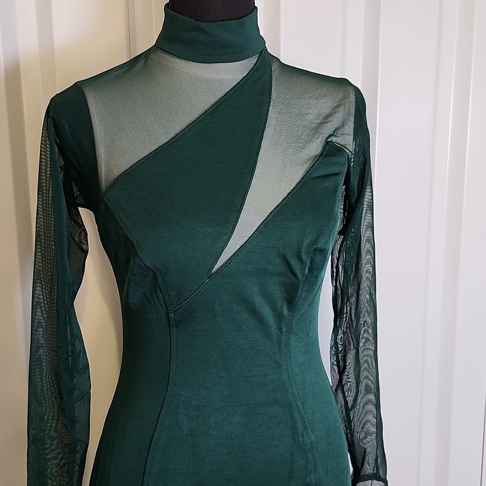 Tadashi Shoji Vintage Dark Green Mesh Insert Long Sleeve Dress Size Small - Picture 3 of 10
